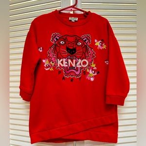 Kenzo Paris Red Sweatshirt Dress Sz 5 5A 110 Embroidered Tiger Flowers So Cute